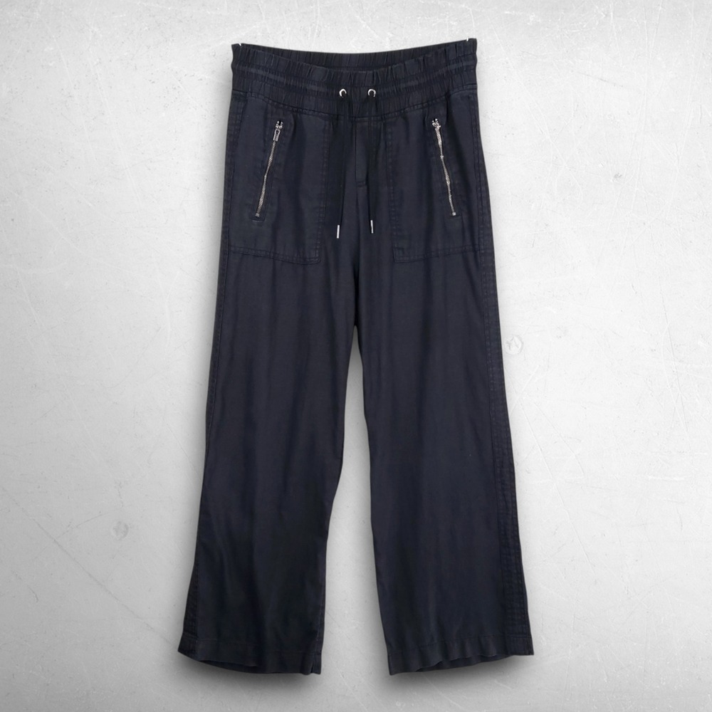 Athleta Cabo Linen Wide Leg Pant Women Size 2P Navy Black Coastal Beachy Summer